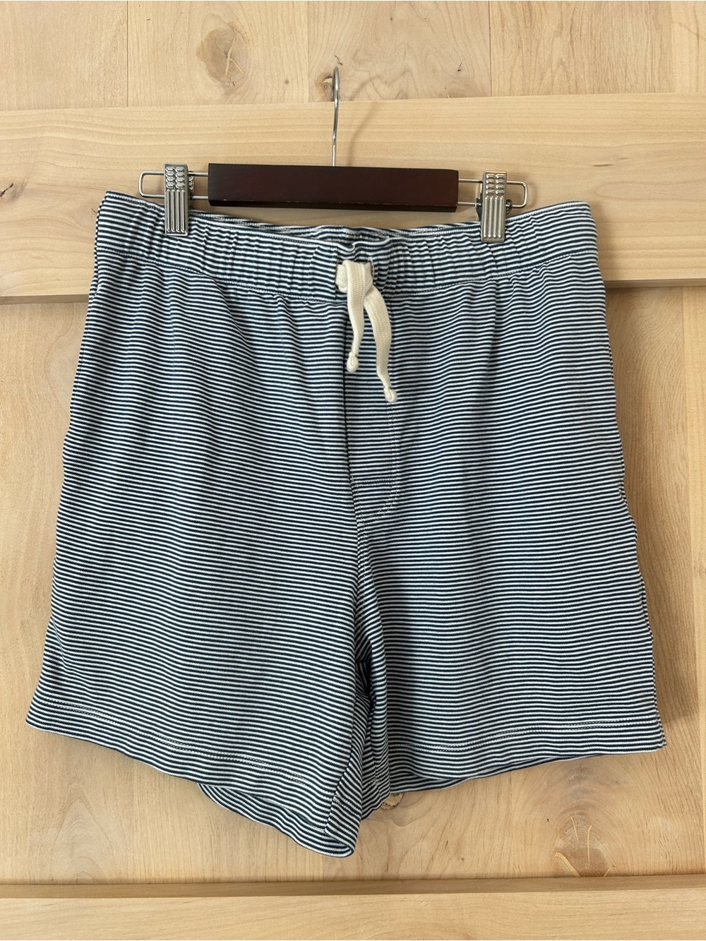 LAKE Men's Pima Cotton Sleep Shorts Anchor Blue Bar Stripe, pockets EUC, Small.